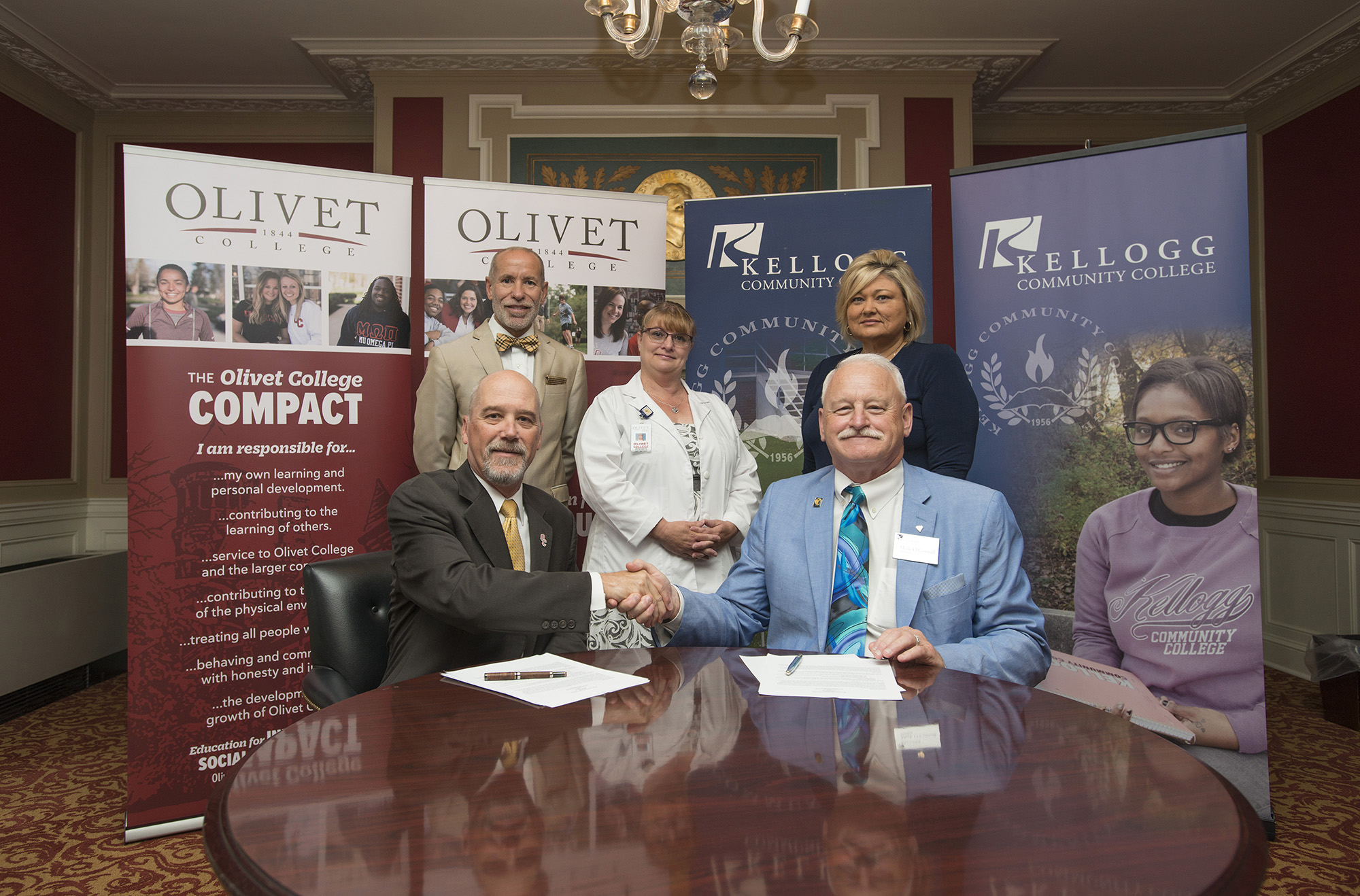 Pictured are, in the front row, from left to right, Olivet College President Steven M. Corey, Ph.D., and KCC President Mark O'Connell. Pictured in the back row, from left to right, are KCC Vice President for Instruction Dr. Kevin Rabineau; Olivet College Director of Nursing Education and Assistant Professor of Nursing Dr. Lorraine Manier; and KCC Dean of Workforce Development Dr. Jan Karazim.