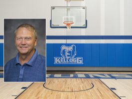A head shot of men's basketball coach Gary Sprague superimposed on a photo of a basketball hoop in the Miller Gym.
