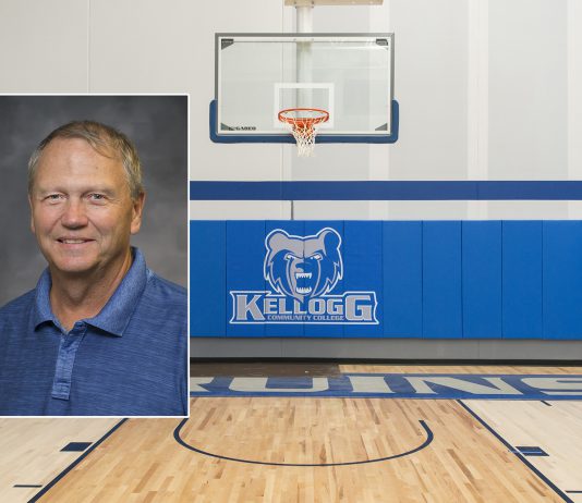 A head shot of men's basketball coach Gary Sprague superimposed on a photo of a basketball hoop in the Miller Gym.