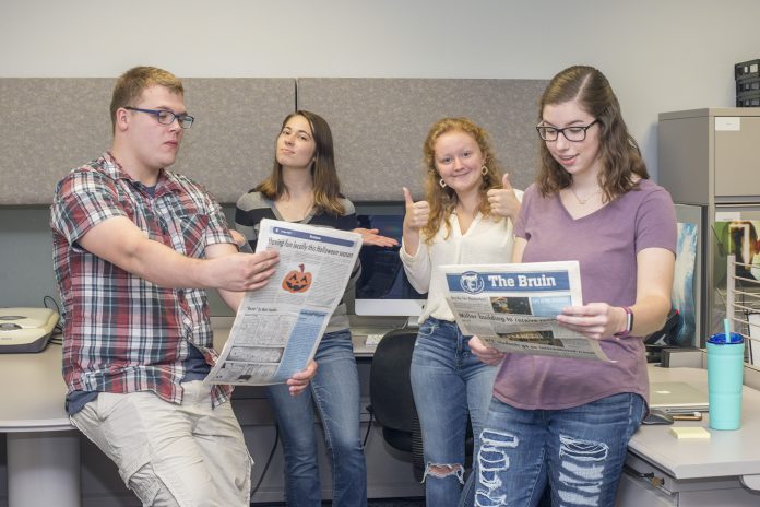The Bruin News staff leading the charge into a digital future include, pictured from left to right, Staff Writer Seth Allred, Staff Writer Mackenzie Ryder, Managing Editor Taylor Vrooman and Public Editor Sarah Hubbard.