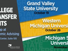 A text slide promoting College Transfer Visits to GVSU Oct. 19, WMU Oct. 26 and MSU Nov. 9.