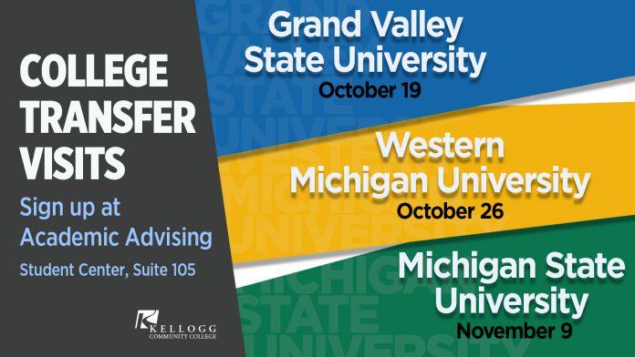 A text slide promoting College Transfer Visits to GVSU Oct. 19, WMU Oct. 26 and MSU Nov. 9.