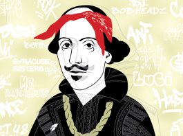 Shakespeare's portrait with hip-hop slang around it.