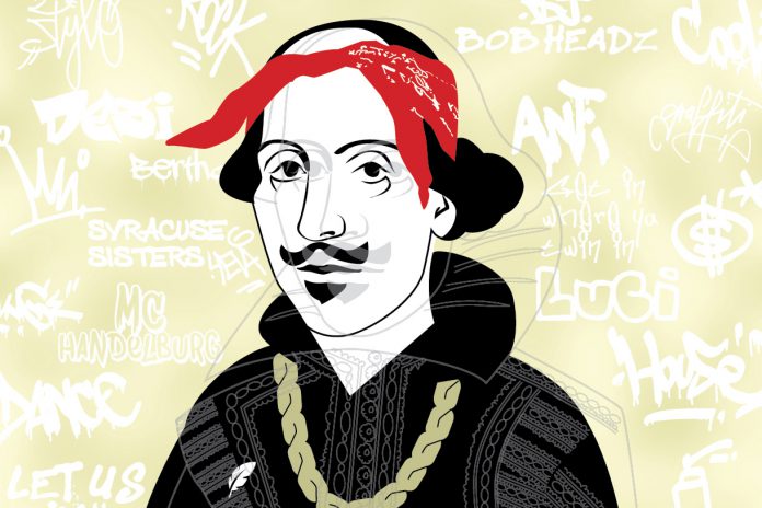 Shakespeare's portrait with hip-hop slang around it.