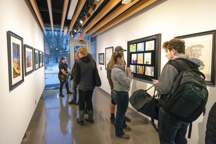 Visitors look at art on display in Kellogg Community College’s art gallery during the opening reception for the KCC Faculty Biennial Art Exhibition Jan. 24.