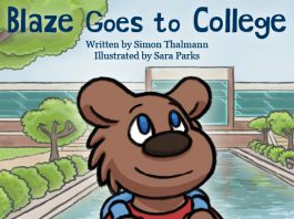 Detail from the cover of “Blaze Goes to College,” a new children’s book being published by Kellogg Community College. The book was illustrated by KCC Graphic Design student Sara Parks. Image courtesy of KCC.