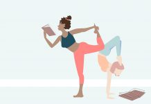 An illustration of women doing yoga while reading.