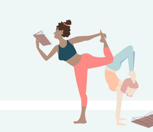An illustration of women doing yoga while reading.