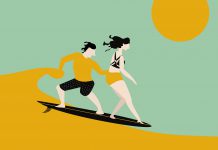 illustration of two people surfing