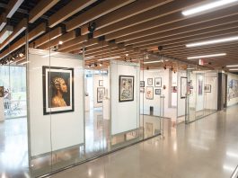 a panoramic view of the art exhibit