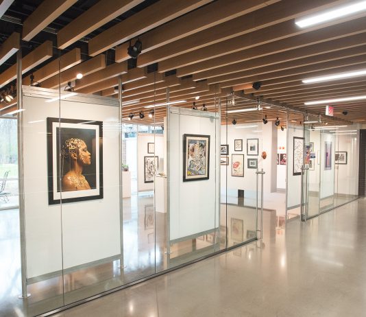 a panoramic view of the art exhibit