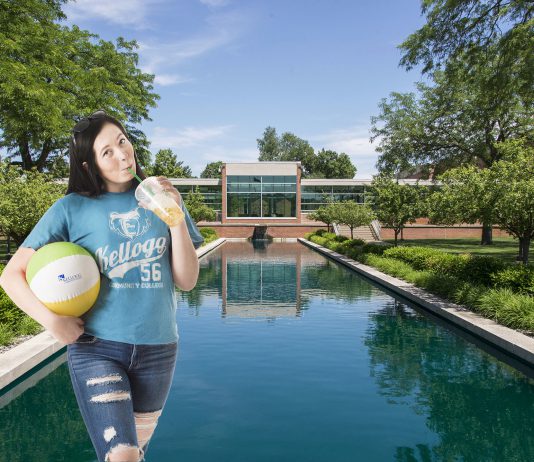 Photo of the North Ave. Campus with a girl holding a drink and a beach ball