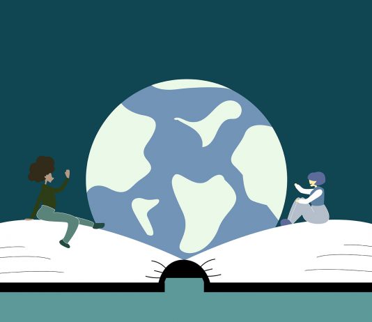 An illustration of two people sitting on an oversized book with the planet Earth between them.