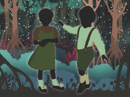 An illustration of two kids playing in the woods.