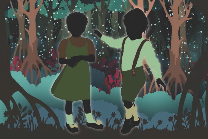 An illustration of two kids playing in the woods.
