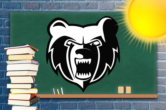 Decorative graphic featuring the Bruin head logo on a chalkboard with a sun and stack of textbooks.