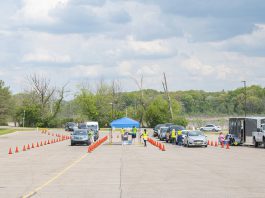 Cars line up during a vaccine clinic on Kellogg Community College's North Avenue campus in Battle Creek on May 20. Photo courtesy of KCC.