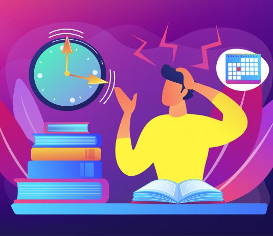 Illustration of a stressed-out person studying and looking at the clock.