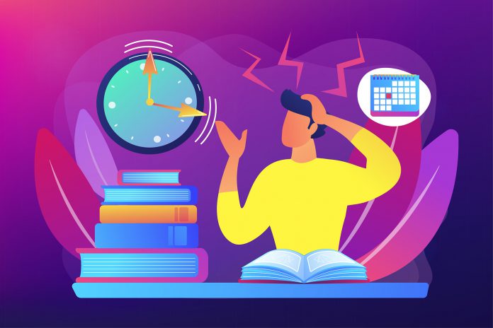 Illustration of a stressed-out person studying and looking at the clock.