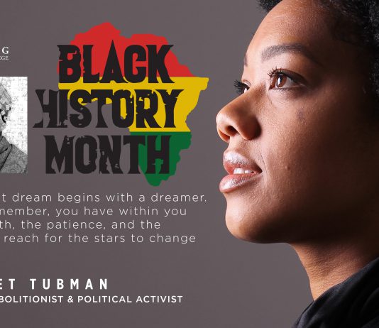 A slide featuring a profile of a black female and a portrait of Harriet Tubman, with a KCC Black History Month logo and text that reads, "Every great dream begins with a dreamer. Always remember, you have within you the strength, the patience, and the passion to reach for the stars to change the world. Harriet Tubman. American abolitionist and political activist."