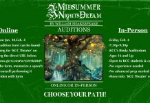 A green background with a fantastical tree in the center. On the background is the title, "A Midsummer Nights Dream, by William Shakespeare." Included is the information for both the online and in-person audition options.