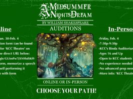 A green background with a fantastical tree in the center. On the background is the title, "A Midsummer Nights Dream, by William Shakespeare." Included is the information for both the online and in-person audition options.