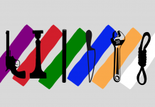 The black silhouettes of the six weapons included in the board game “Clue” on a multi-colored background. The weapons include a revolver, a lead pipe, a knife, a candlestick, a wrench, and a rope.
