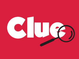 A red background with a magnifying glass and "Clue" written in the center.