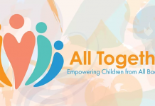 Pastel-colored shapes of figures with the text "All Together: Empowering Children from All Backgrounds."