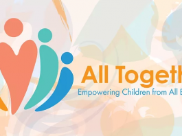 Pastel-colored shapes of figures with the text "All Together: Empowering Children from All Backgrounds."