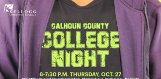 A perosn wearing a shirt that says college night with more information below