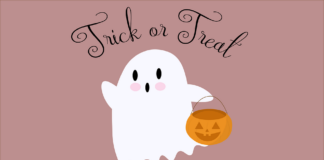 the saying Trick or Treat with a cartoon ghost underneath