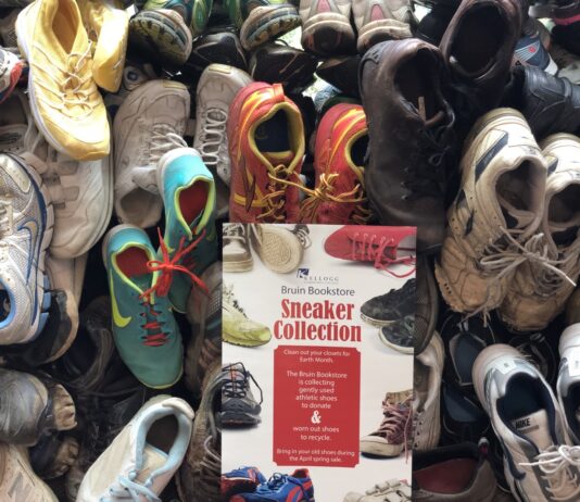 A collection of sneakers that the Bruin Bookstore has collected