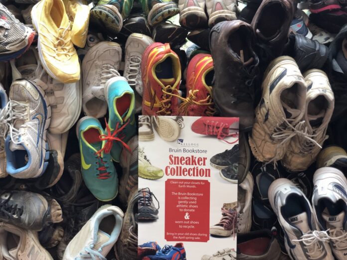 A collection of sneakers that the Bruin Bookstore has collected