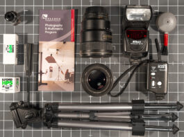 An overhead view of photography equipment.