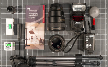 An overhead view of photography equipment.